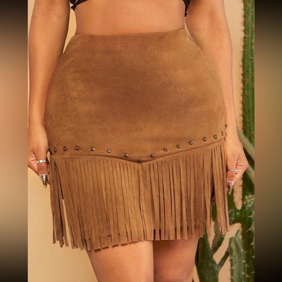 Boho vegan suede fringe detail studded skirt
